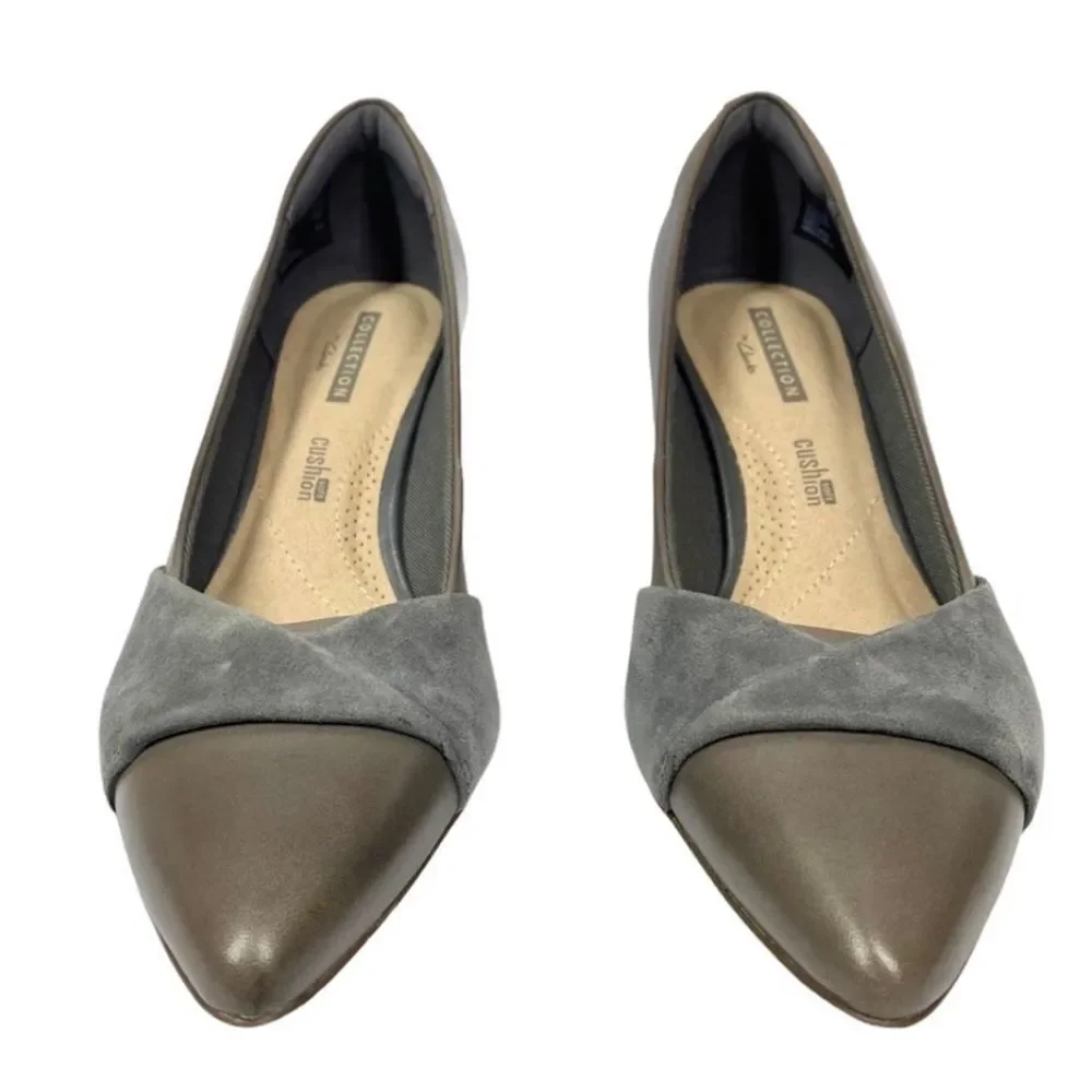Clarks Grey Leather Combo Low Heel Pumps, Size 6 Linvale Ultimate Comfort New